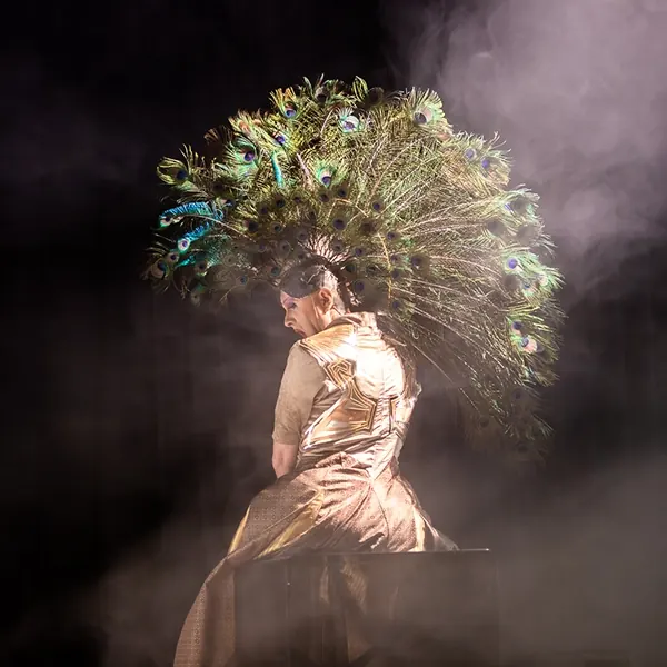 Dans « Drag », une drag-queen de dos portant une immense coiffe en plumes de paon, dans la fumée.