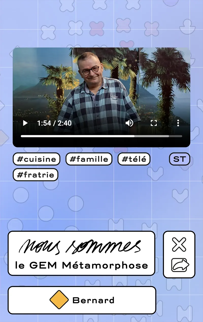 Capture du site « Nous sommes » : portrait vidéo de Bernard, avec les mots-clés #cuisine, #famille, #télé et #fratrie.