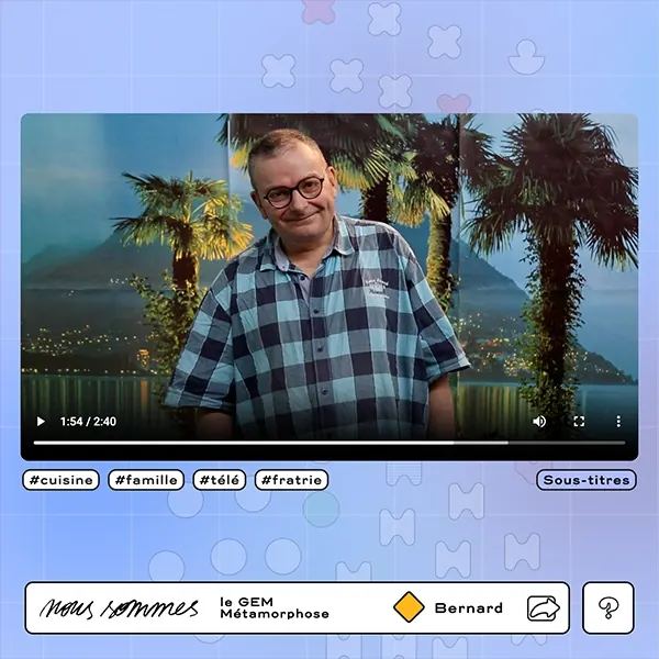 Capture du site « Nous sommes » : portrait vidéo de Bernard, avec les mots-clés #cuisine, #famille, #télé et #fratrie.