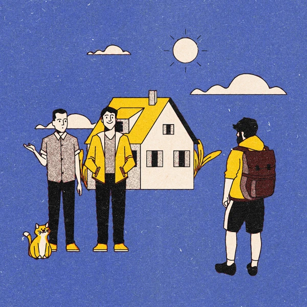 Dans « Sous Mon Toit », illustration de trois personnages devant une maison au toit jaune, un voyageur et un chat.