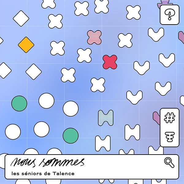 Dans « Nous sommes », écran d’accueil « les séniors de Talence » : fond de pictogrammes colorés et barre de recherche.